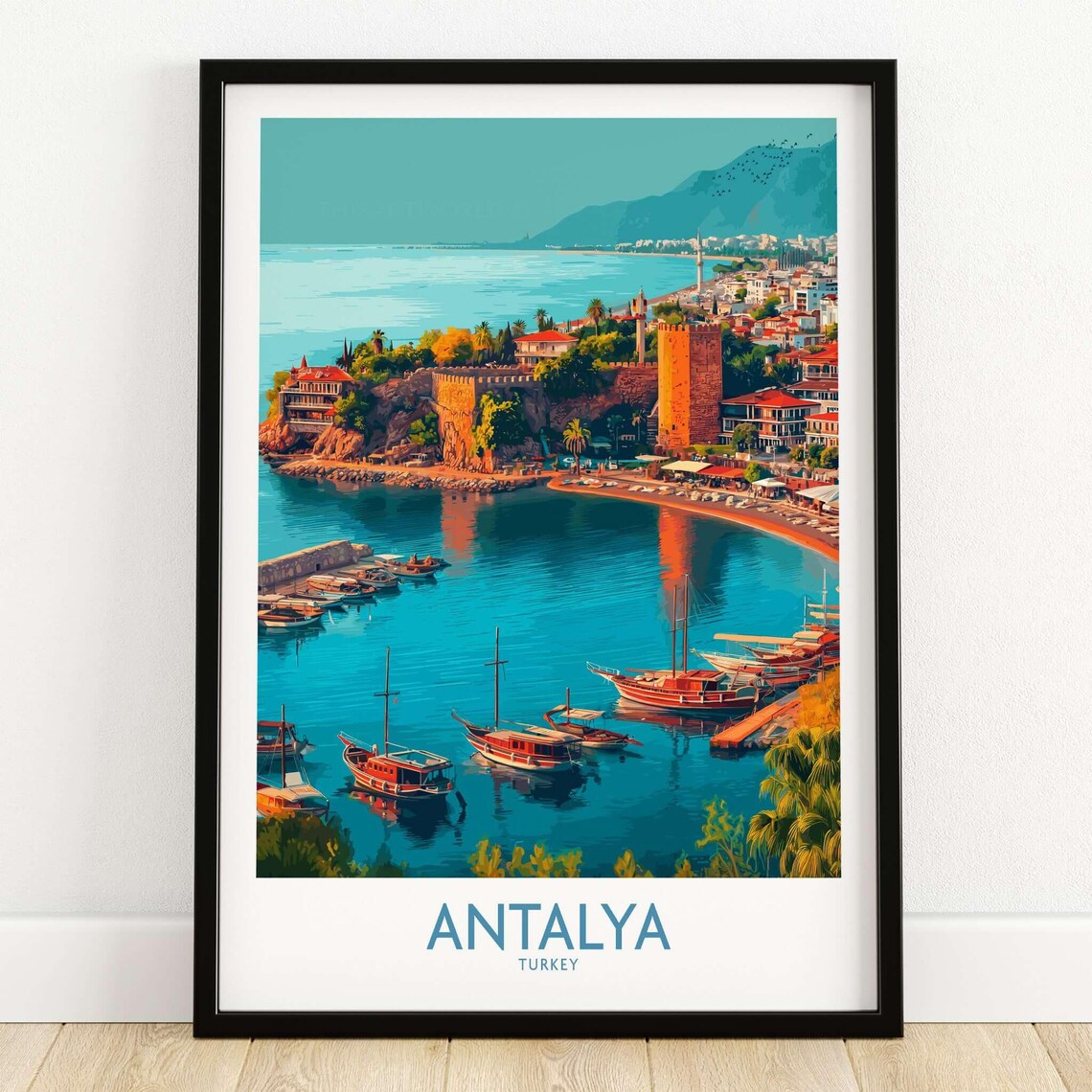 Antalya Turkey Kaleici Old Harbor Boats Vintage Coastal Travel Poster