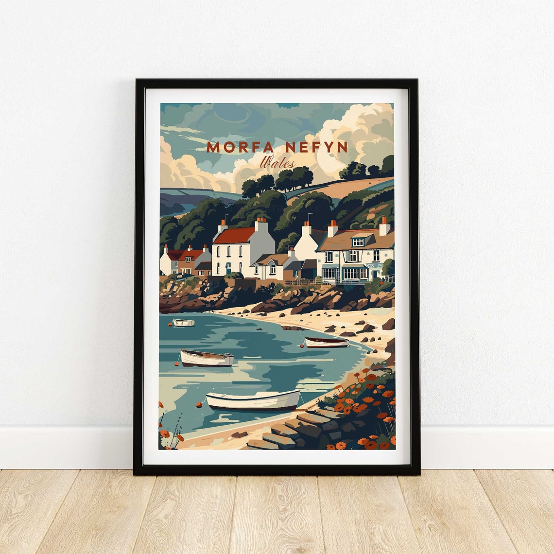 Morfa Nefyn Wales Coastal Village Boats Beach Retro Seaside Poster