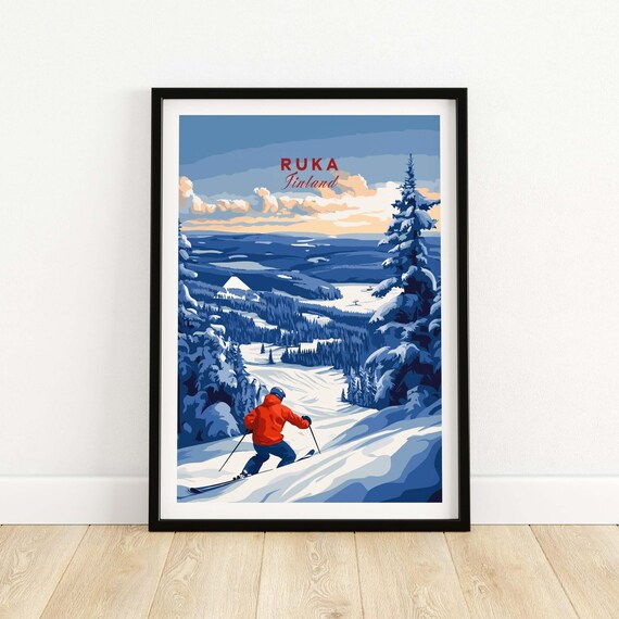 Ruka Finland Ski Resort Skier Powder Snow Lapland Retro Travel Poster