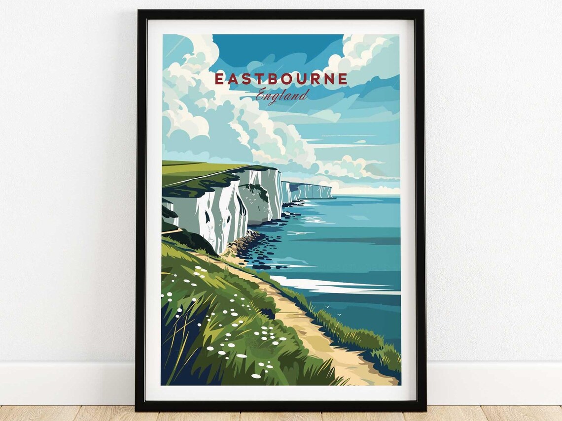 Eastbourne England Vintage White Cliffs Coastal Travel Poster