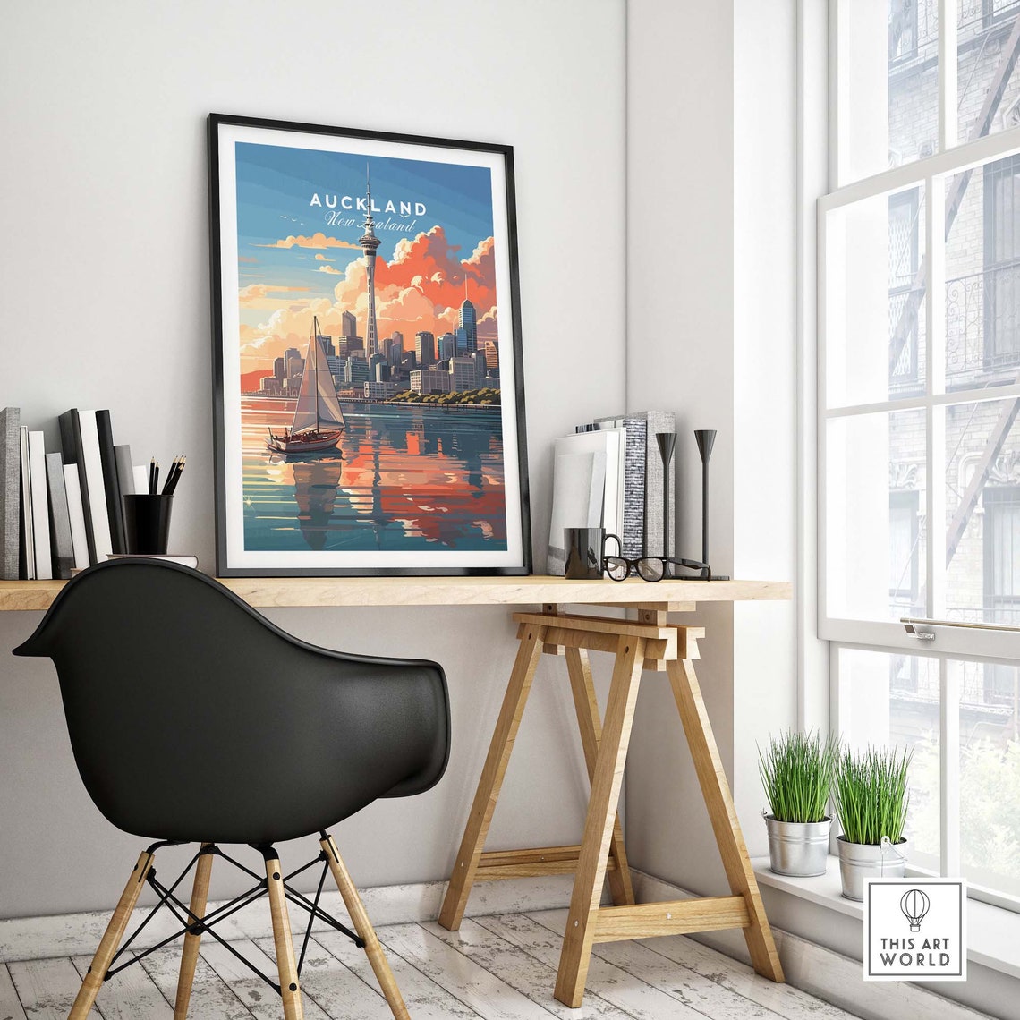 Auckland New Zealand Sky Tower Harbor Sailboat Sunset Travel Poster - Image 4