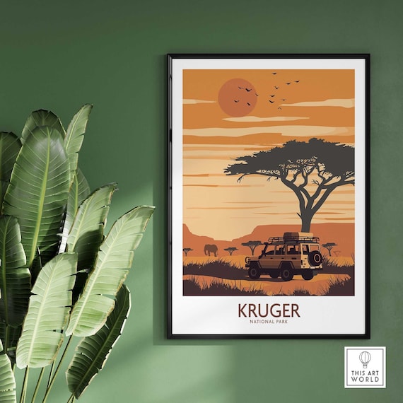 Kruger National Park Safari Jeep Acacia Sunset Elephant Poster