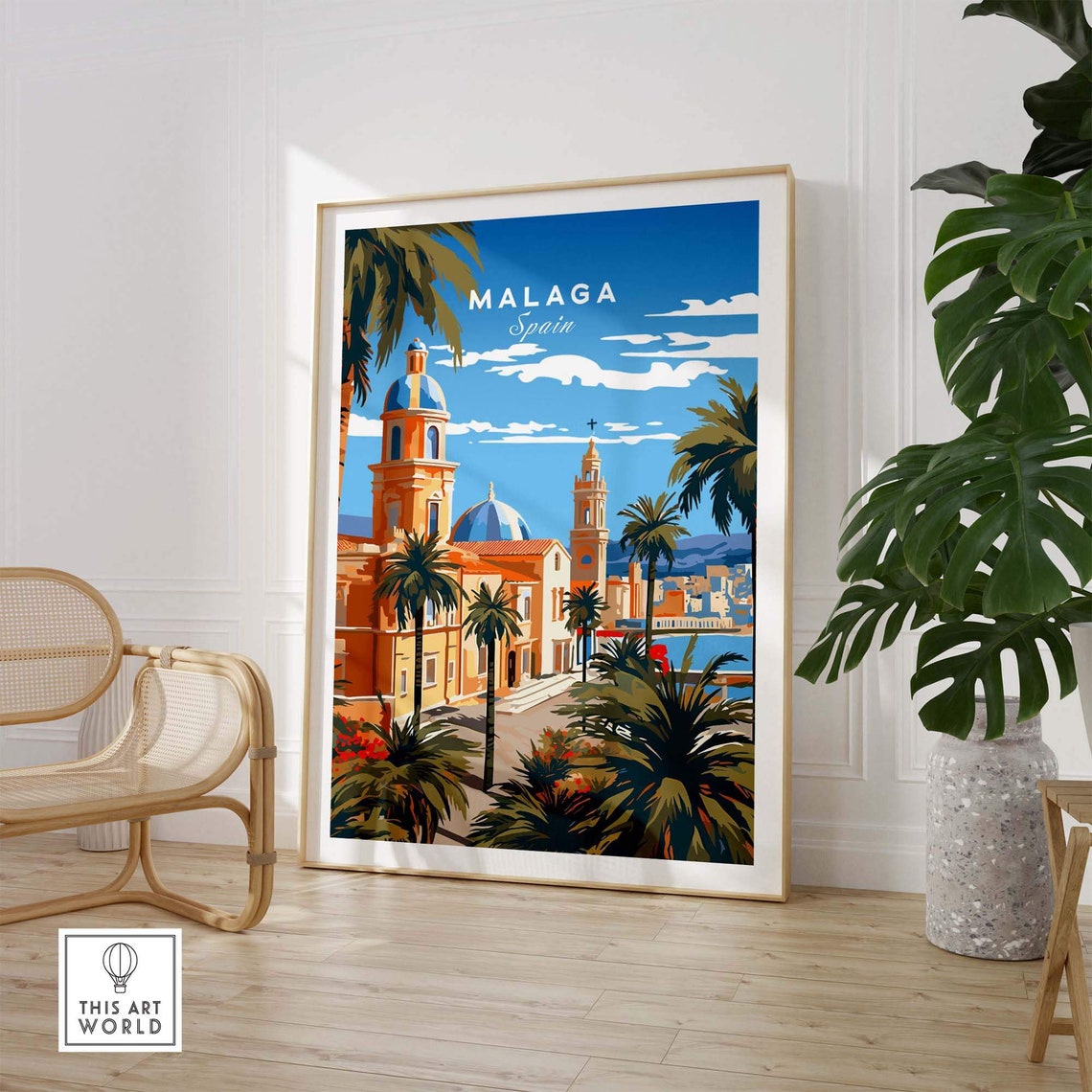 Malaga Spain Sunny Cathedral Blue Dome Palms Harbor Travel Poster - Image 2