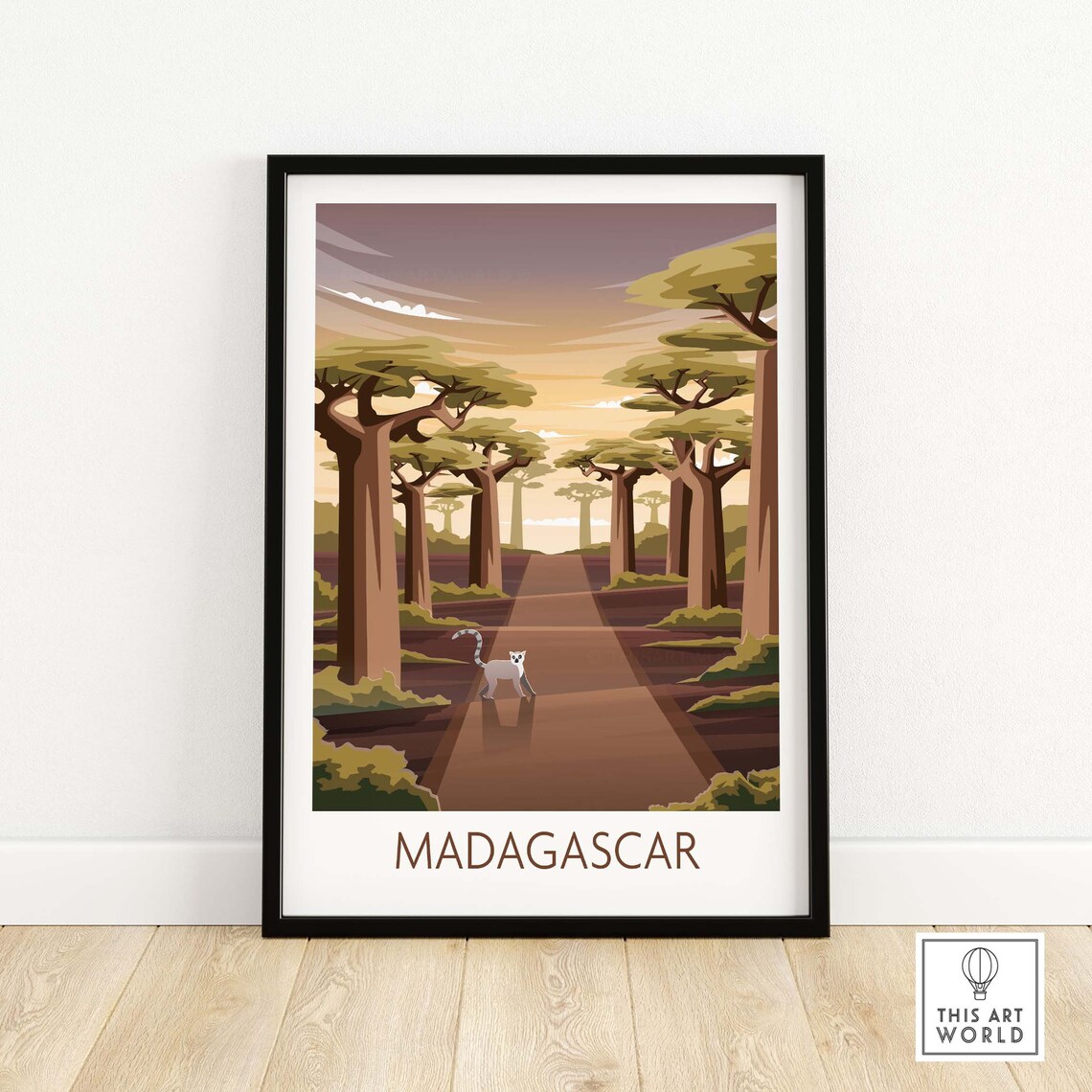 Madagascar Travel Poster, Baobabs and Lemurs