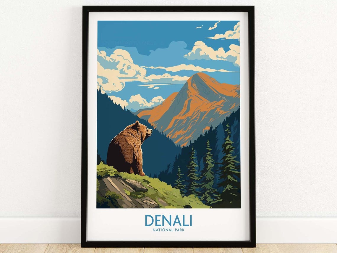 Denali National Park Grizzly Bear Mountain View Travel Poster
