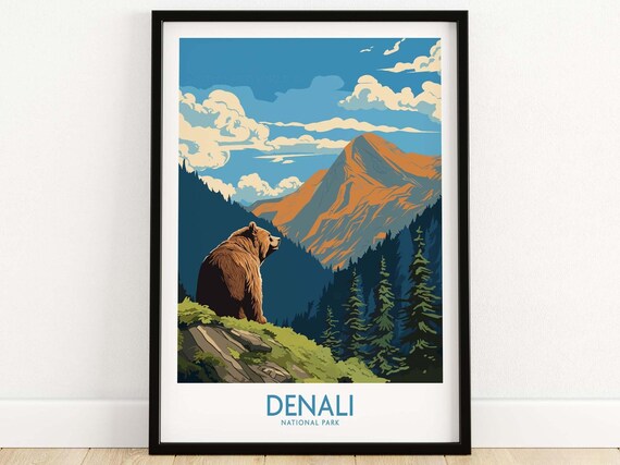 Denali National Park Grizzly Bear Mountain View Travel Poster