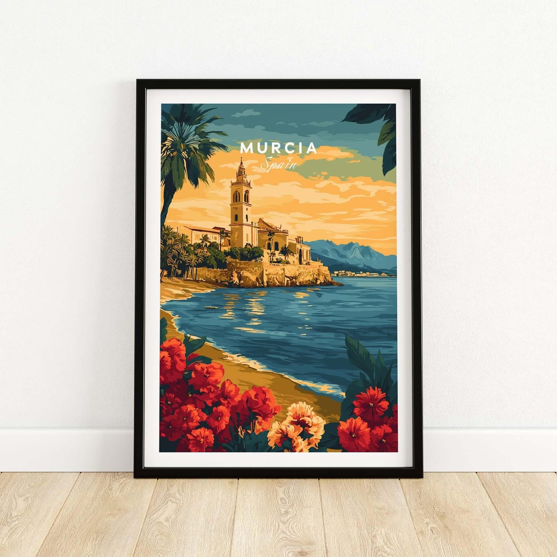 Murcia Spain Sunset Waterfront Church Seafront Retro Travel Poster