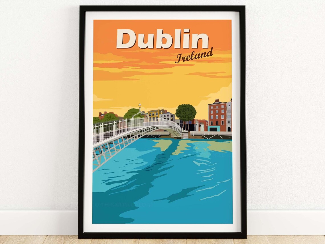 Dublin Vintage Travel Poster, City Skyline Art Print