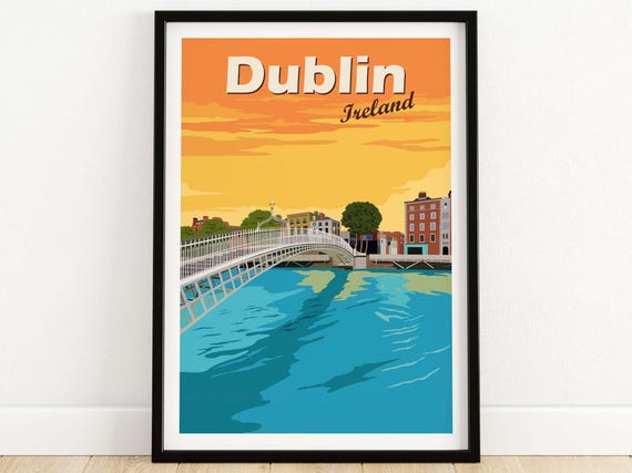Dublin Vintage Travel Poster, City Skyline Art Print