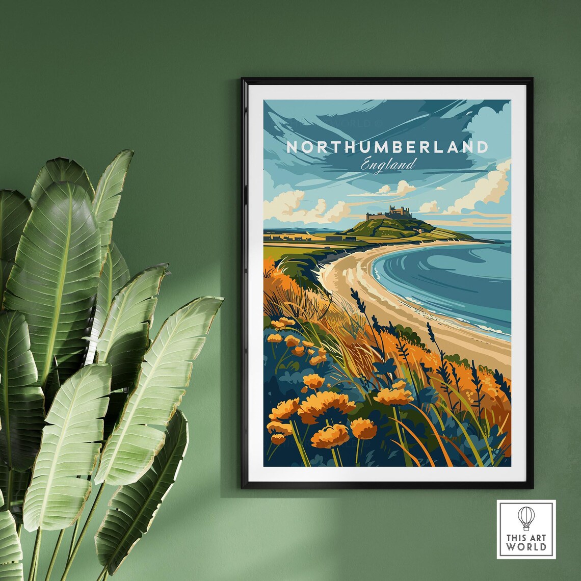 Northumberland England Curved Beach Castle Headland Wildflowers Poster - Image 2