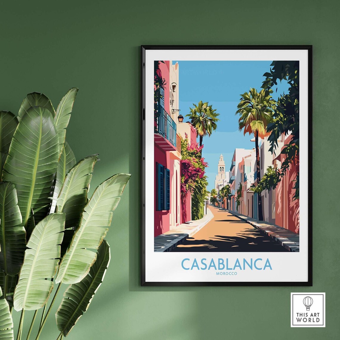 Casablanca Morocco Sunlit Palm Street Mosque Tower Travel Poster - Image 2