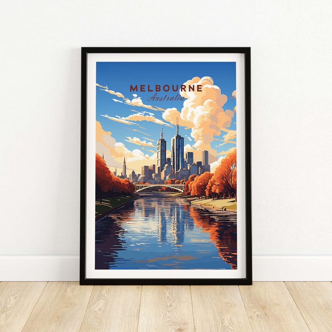 Melbourne Australia Skyline River Autumn Vintage Travel Poster