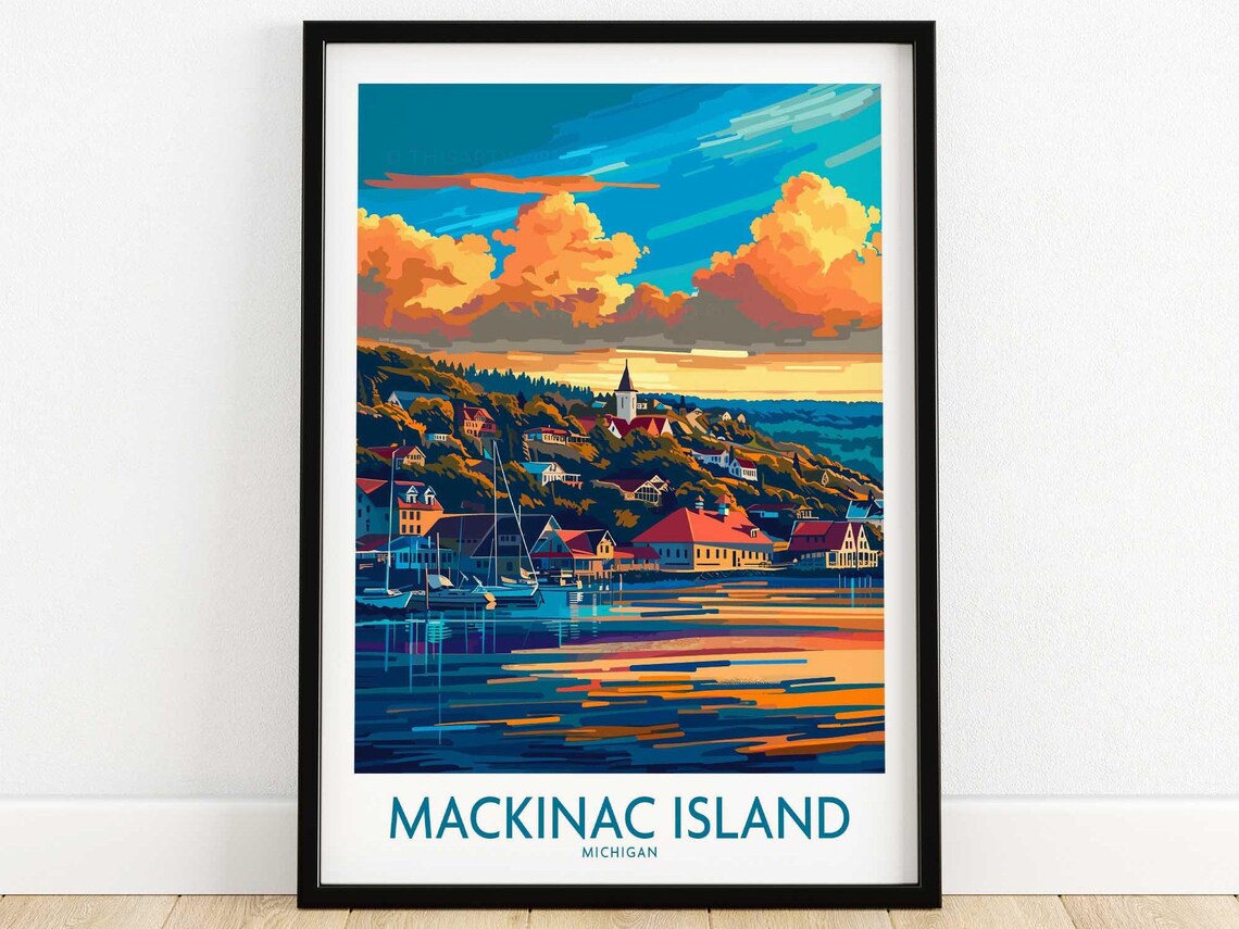 Mackinac Island Michigan Harbor Sunset Scene Vintage Travel Poster