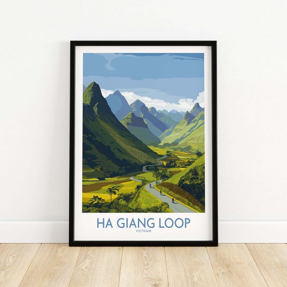 Vietnam Ha Giang Loop Landscape Poster Motorbike Valley Print River Travel Wall Art Gift Lovers Illustration