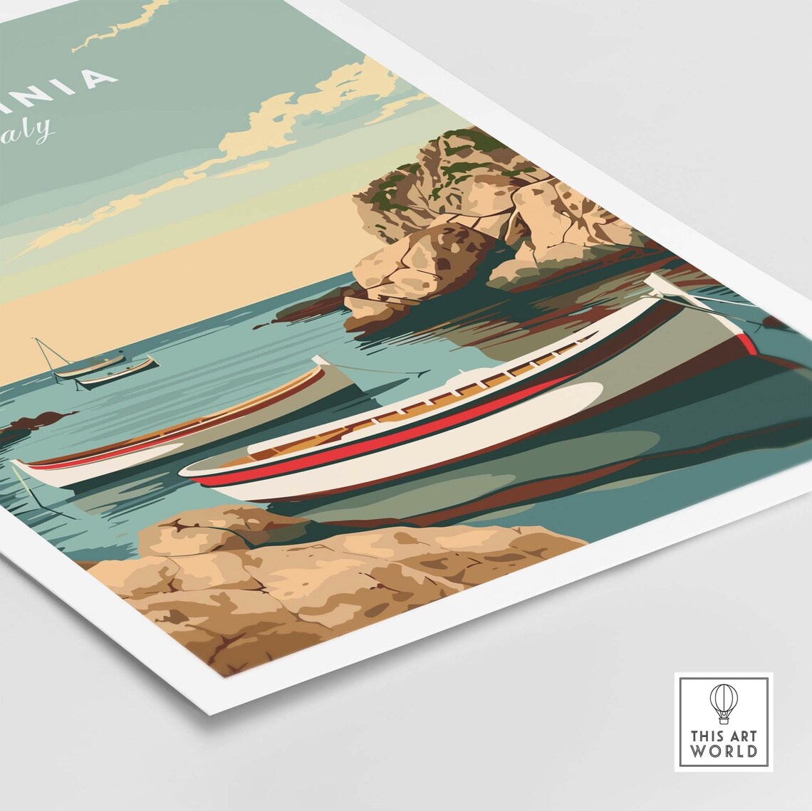 Sardinia Italy Turquoise Cove Moored Boats Rocky Cliffs Travel Poster - Image 4