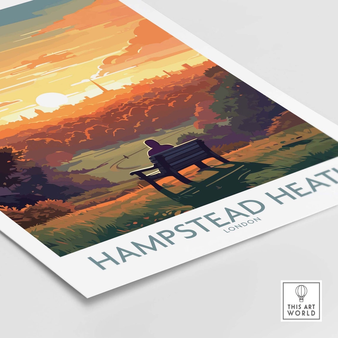Hampstead Heath London Golden Sunset Park Bench View Travel Poster - Image 4