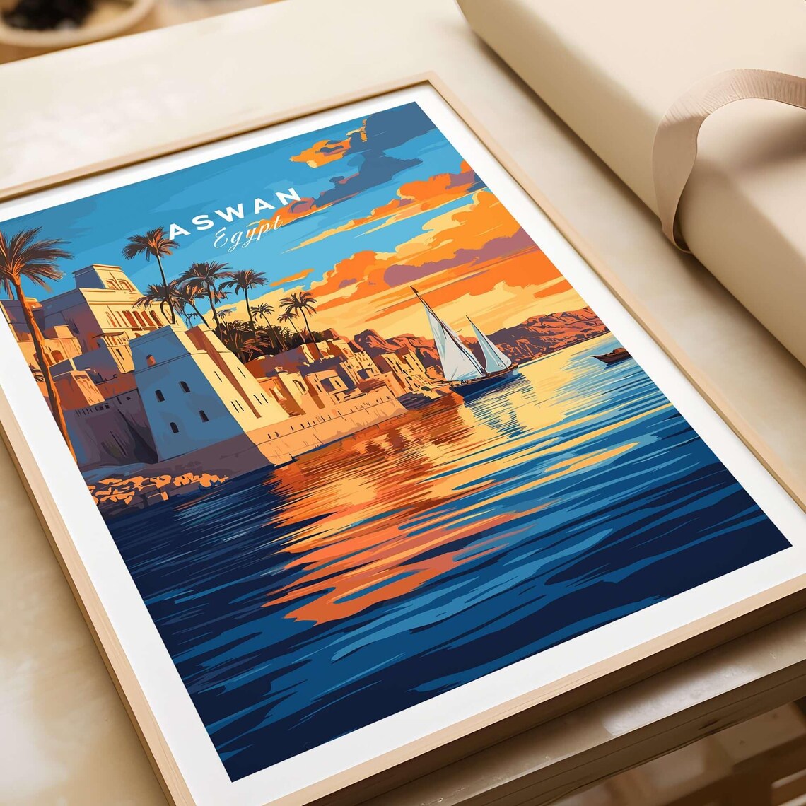 Aswan Egypt Nile Riverside Sunset With Felucca Sailboat Travel Poster - Image 4