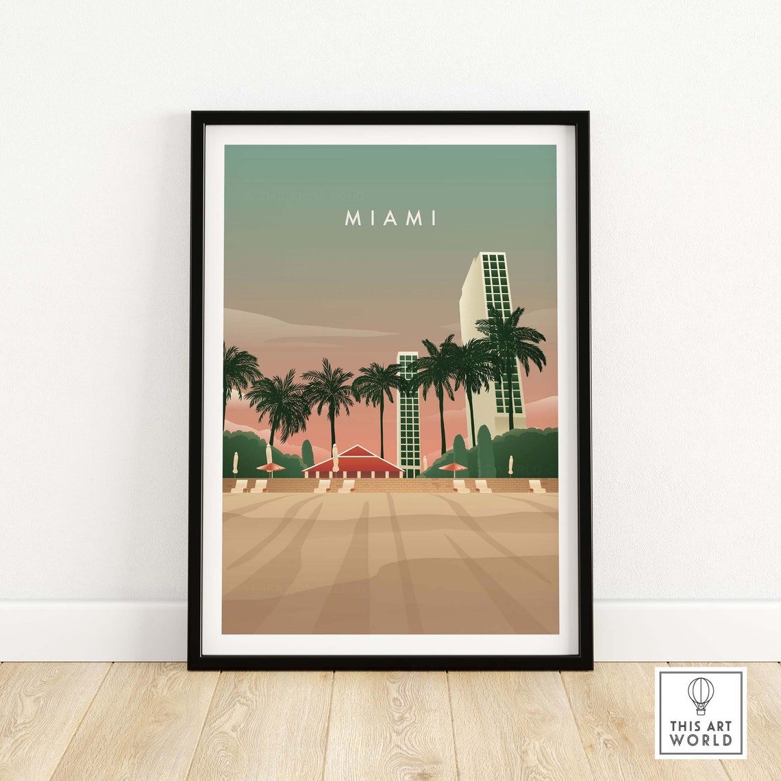 Miami Beach Palms and Retro Hotel Sunset Skyline Travel Poster