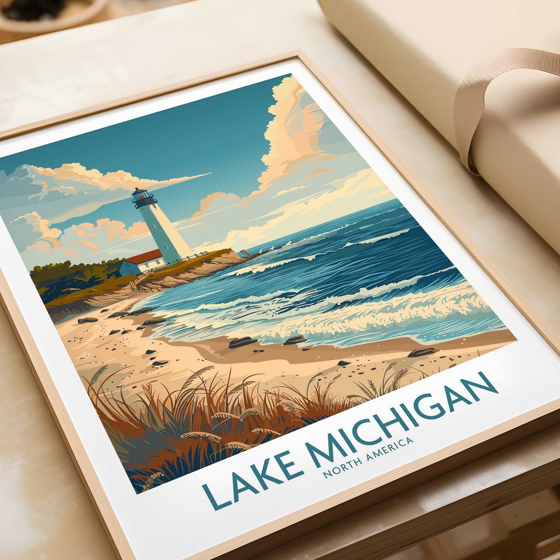 Lake Michigan North America Lighthouse Waves Sandy Beach Poster