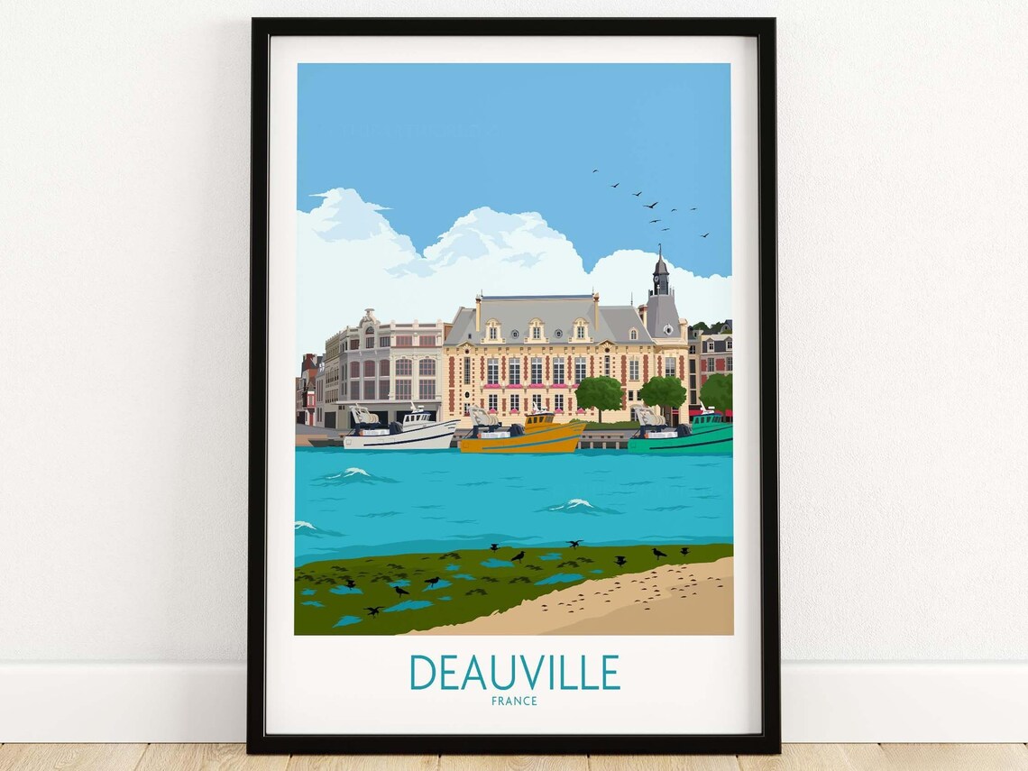 Deauville France Normandy Harbor Boats and Beach Travel Poster