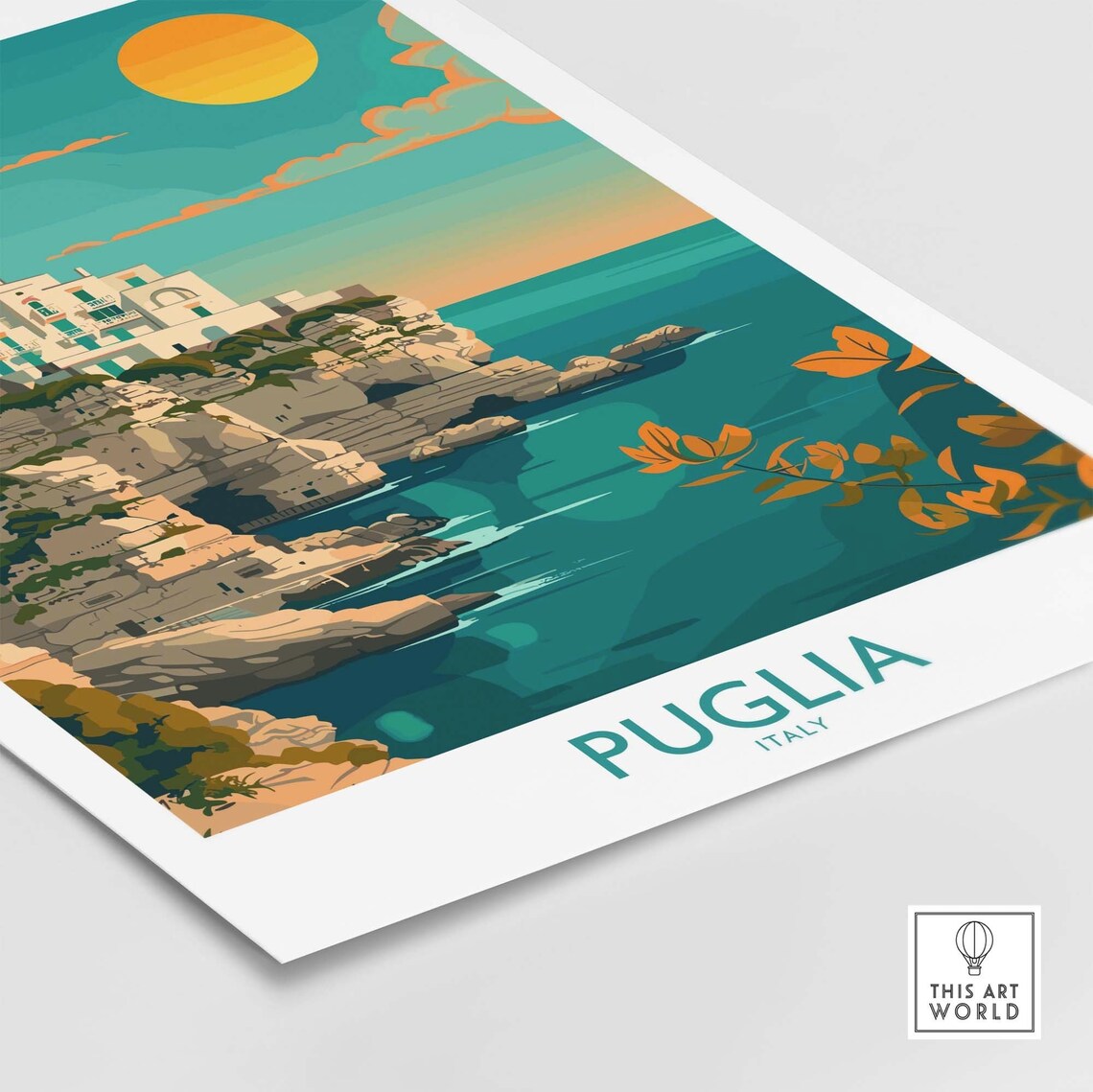 Puglia Italy Cliffside Old Town Sun Over Sea Coast Travel Poster - Image 4