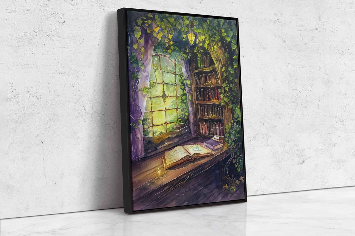 Ivy Covered Cozy Reading Nook Bookshelf Window Candlelight Poster - Image 4