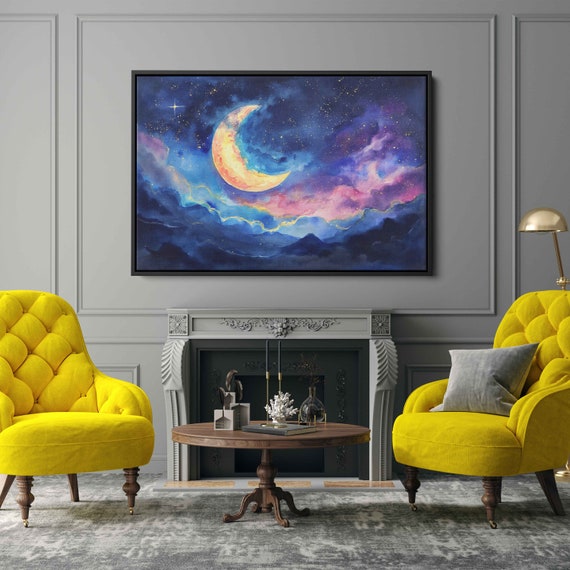 Moon In Star Filled Night Sky With Clouds Painting Framed Print Ready To Hang