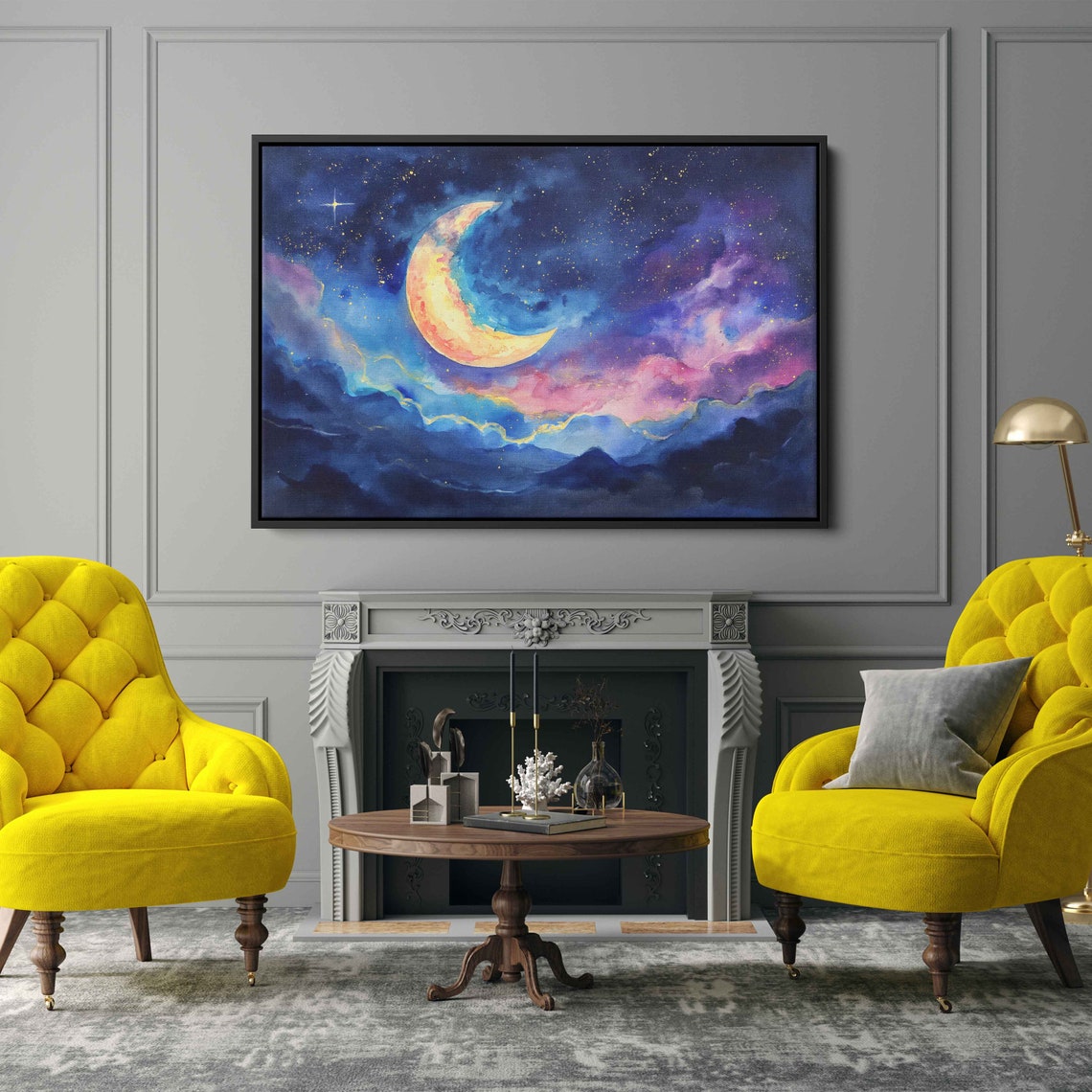 Moon In Star Filled Night Sky With Clouds Painting Framed Print Ready To Hang