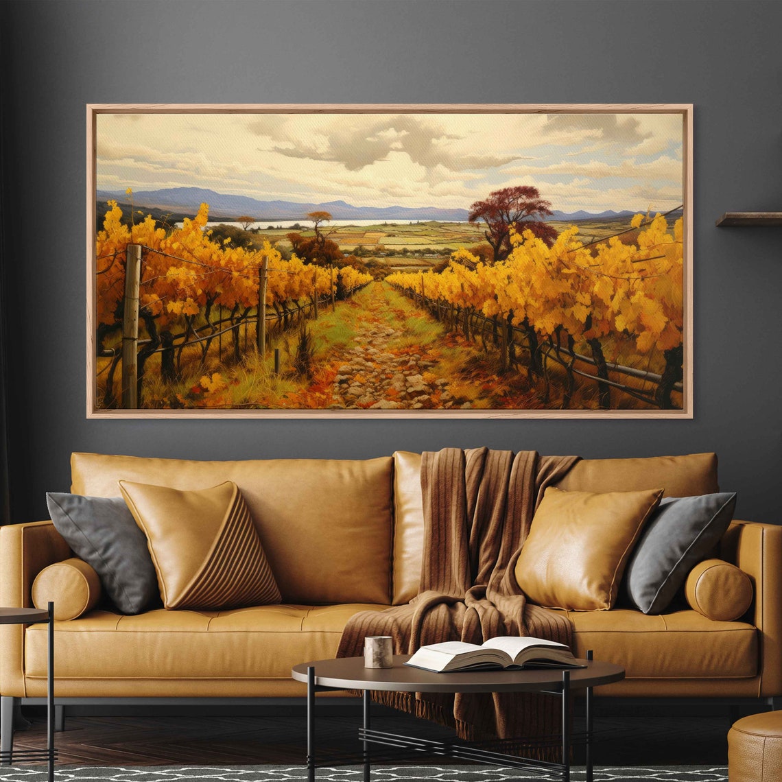 Autumn Vineyard Golden Vines Lake Mountain View Fall Painting Print