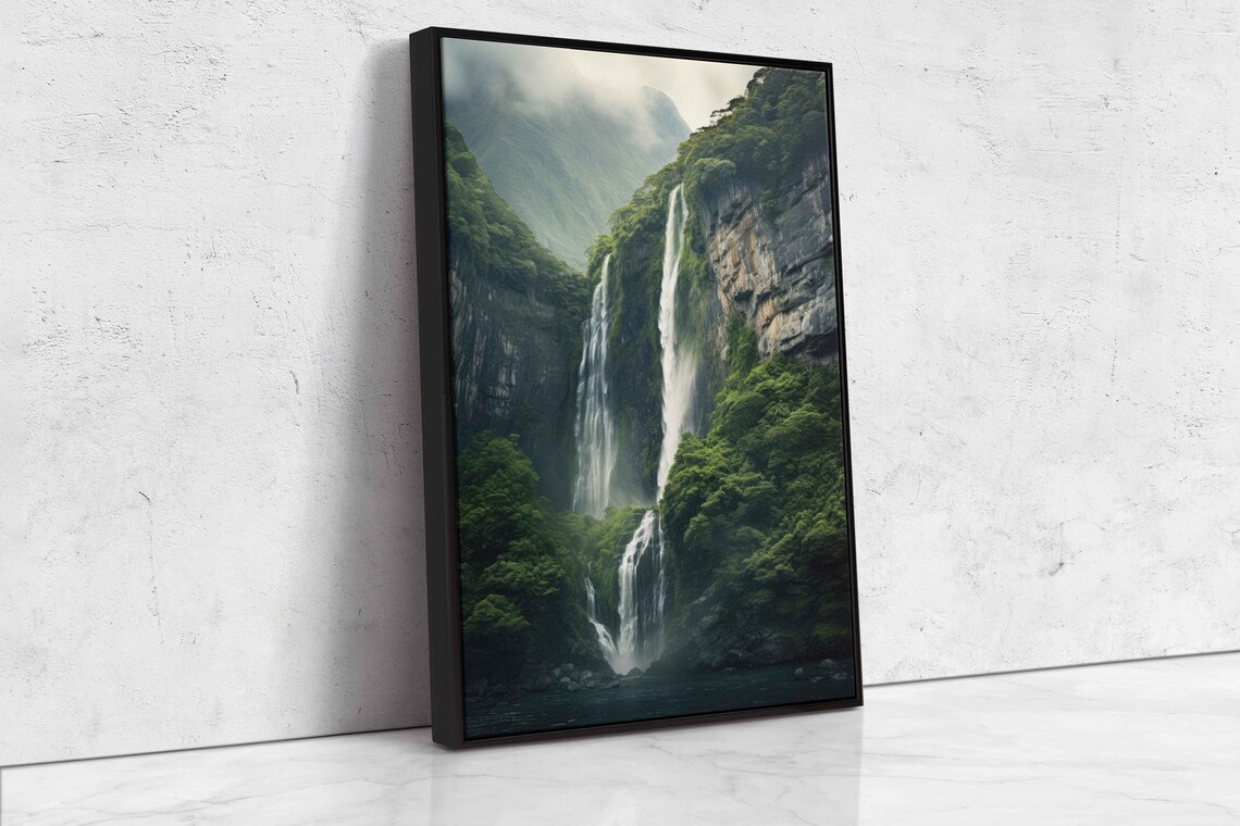Towering Waterfall Over Rugged Cliffs Wall Art Ready To Hang Cliffside Nature Crashing Water Ready To Hang - Image 4