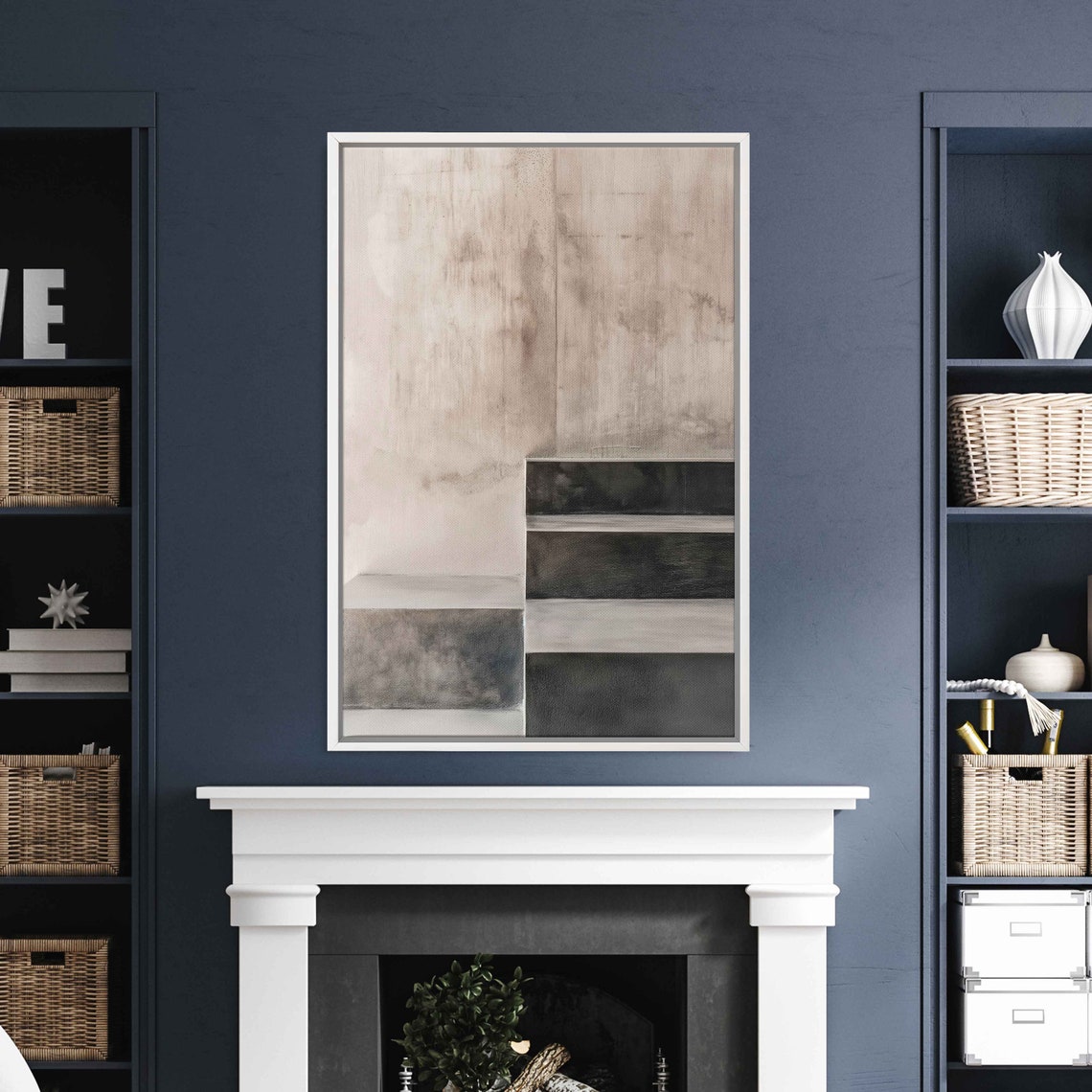 Muted Beige Gray Geometric Blocks Soft Abstract Painting Poster - Image 3