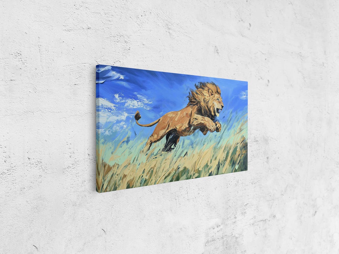 Majestic Lion Leaping Through Tall Grass Vibrant Blue Sky Art Poster - Image 4