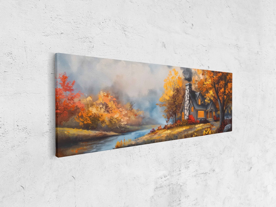 Stone Cottage By Misty Lake At Dusk With Lit Windows Fall Scene Poster - Image 4