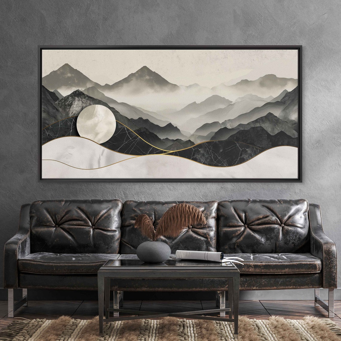 Panoramic Chinese Ink Mountains Gold Trim White Moon Minimalist Poster