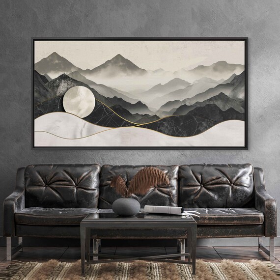 Chinese Landscape With Gold Trim Wall Art Print Minimalist Design Moon Art Foggy Mountains Chinese Ink Art Ready To Hang