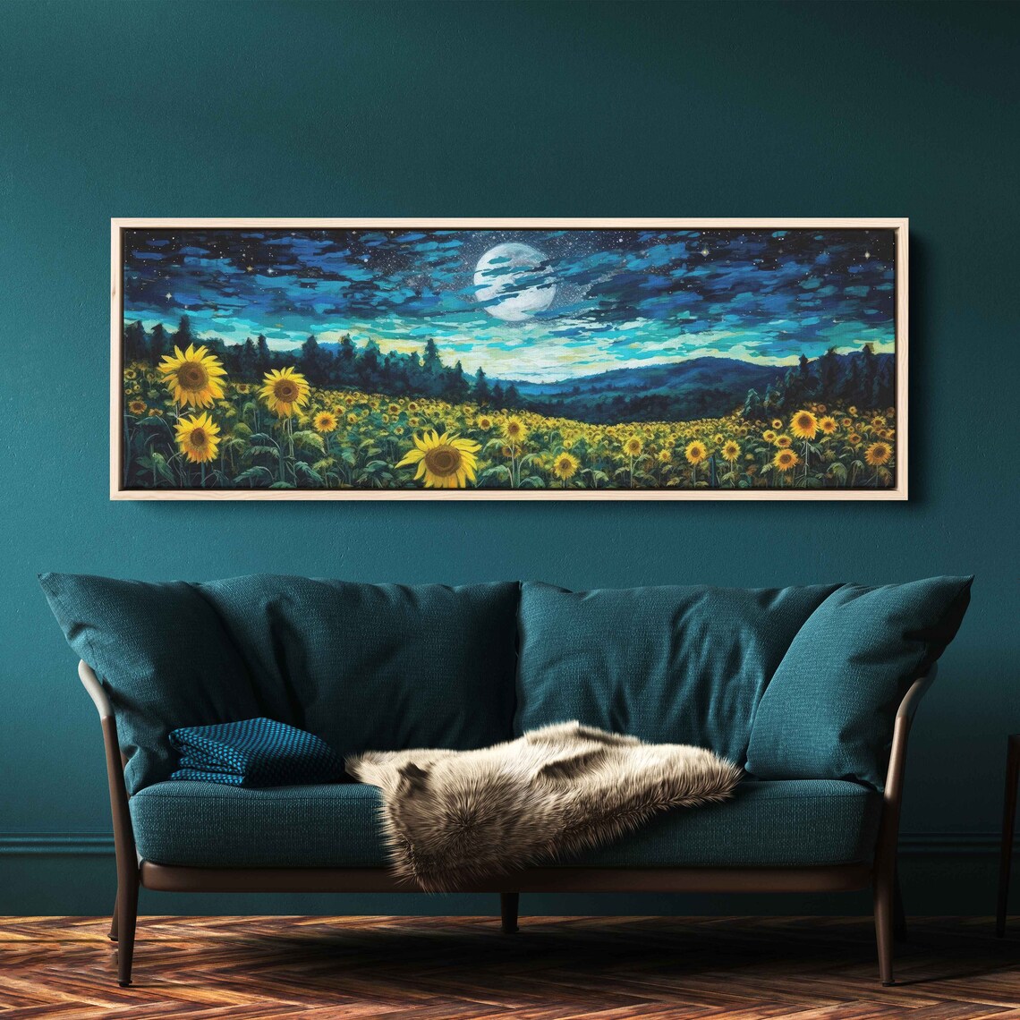 Sunflower Field Moonlit Night Sky Panoramic Yellow Bloom Art Poster