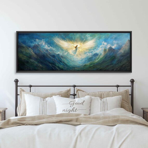 Angel Descending Towards Earth Wall Art Print Radiant Light Majestic Mountains Vibrant Greens