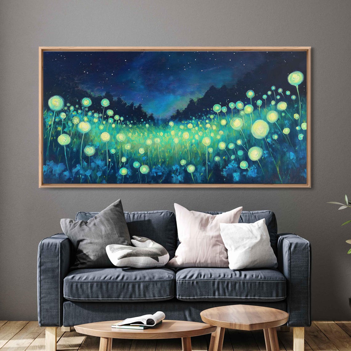 Dreamlike Field Of Glowing Neon Flowers Under Starry Night Sky Print - Image 3
