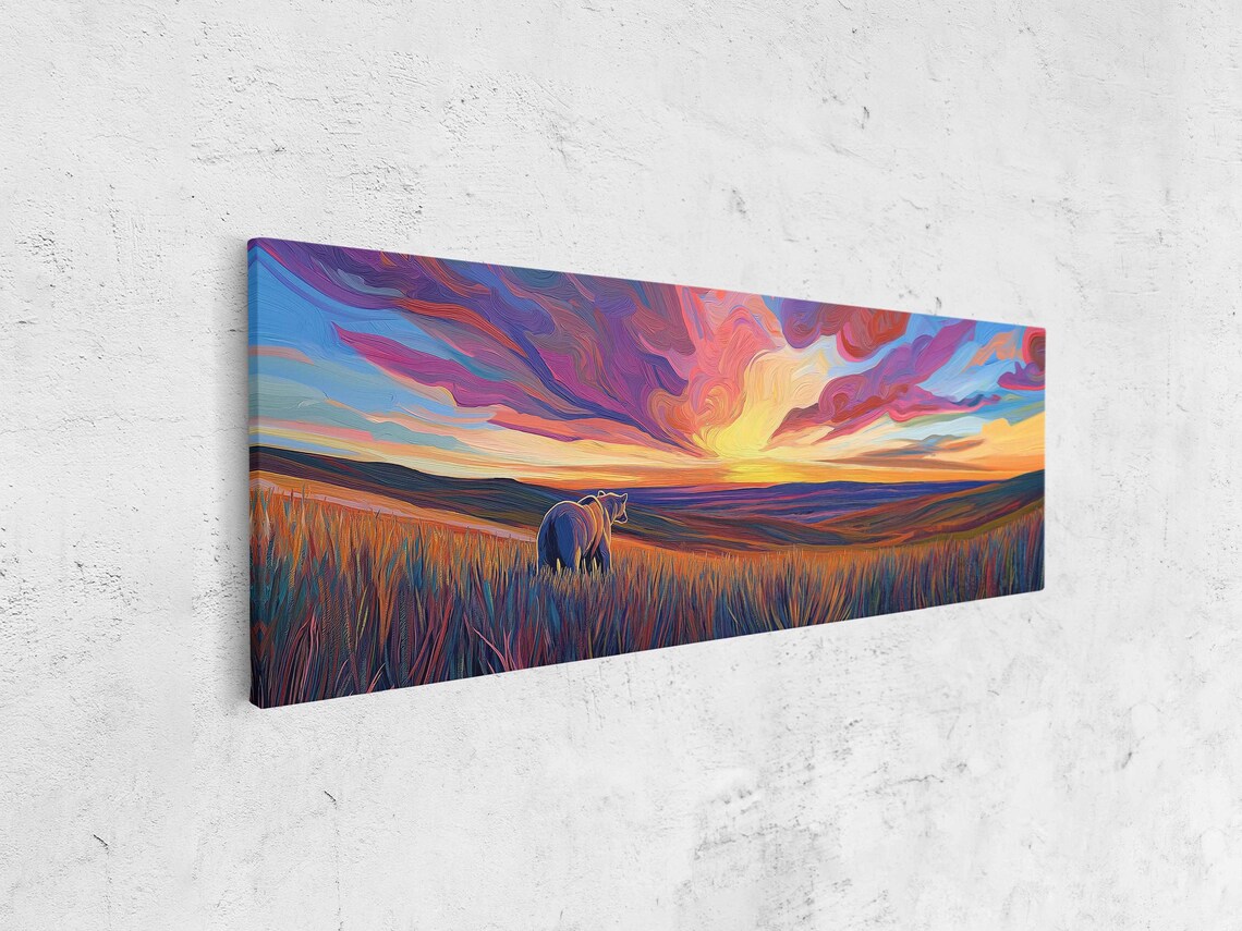 Grizzly Bear in Tall Prairie Grass Under Swirling Vivid Sunset Sky Oil Poster - Image 4