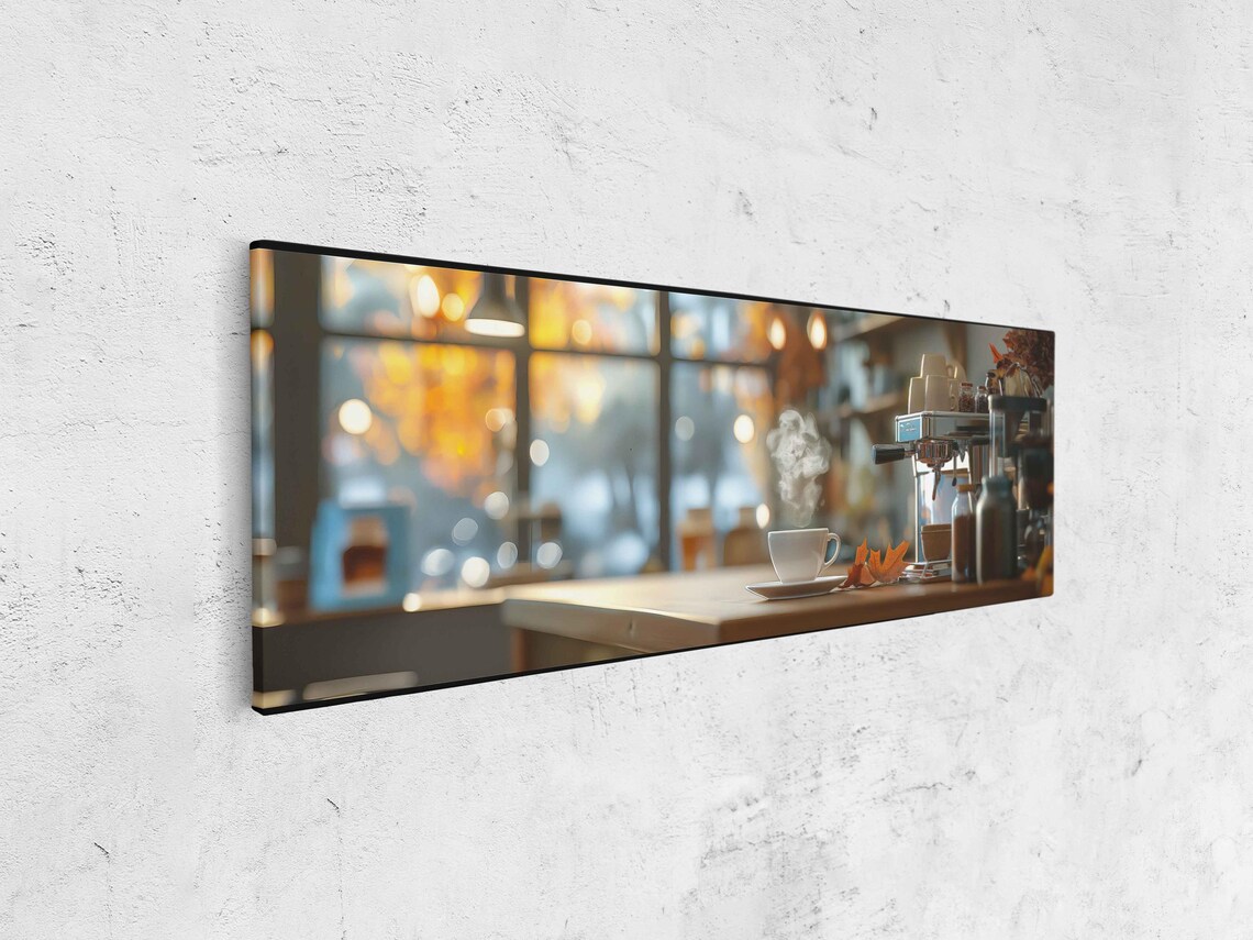 Steaming Cup On Cafe Counter At Golden Hour Autumn Photo Print - Image 4