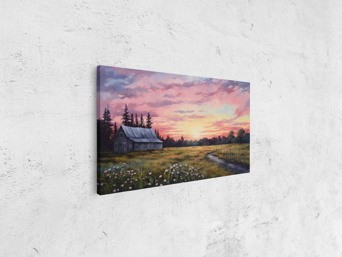 Rustic Old Barn Sunset Wildflowers Panoramic Country Wall Art - Image 4
