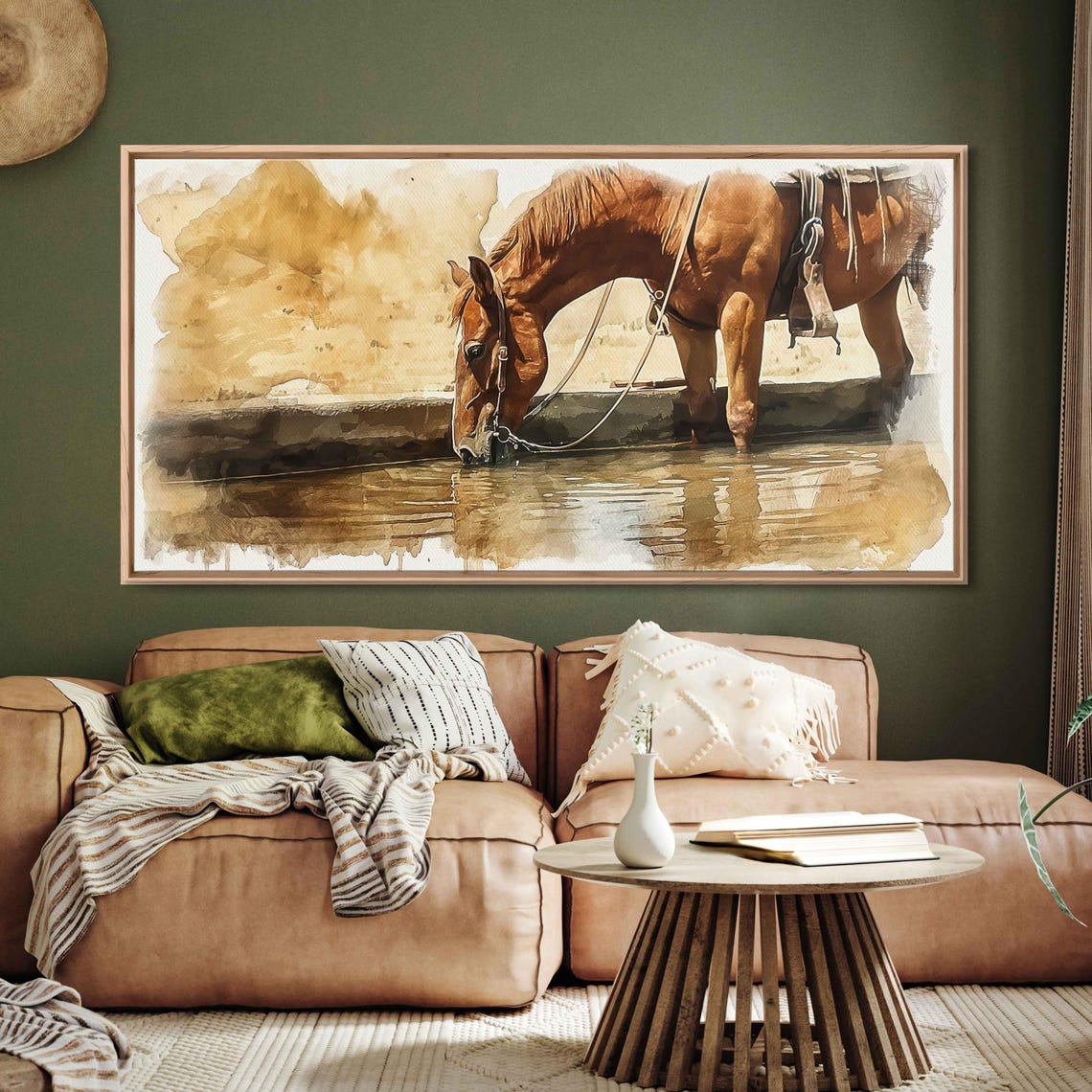 Chestnut Horse Drinking Water Trough Sepia Watercolor Wall Poster - Image 3