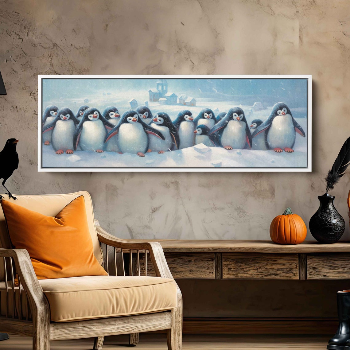 Cute Penguins Panoramic Wall Art Painting Print On Ready To Hang Nursery Wall Art - Image 3