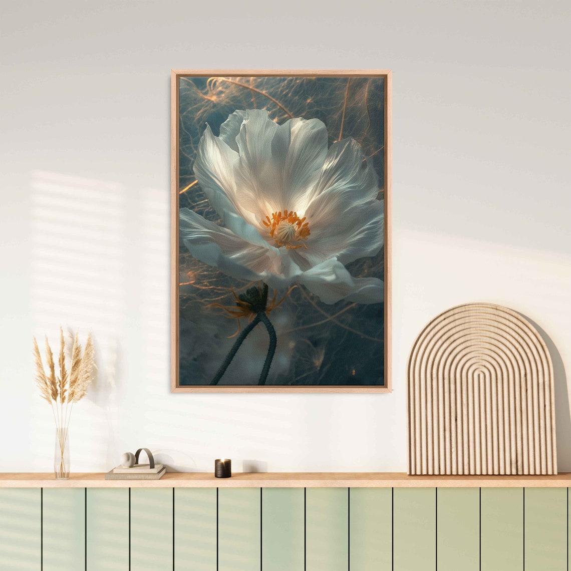 White Poppy Flower Close Up Moody Dark Botanical Wall Art Print