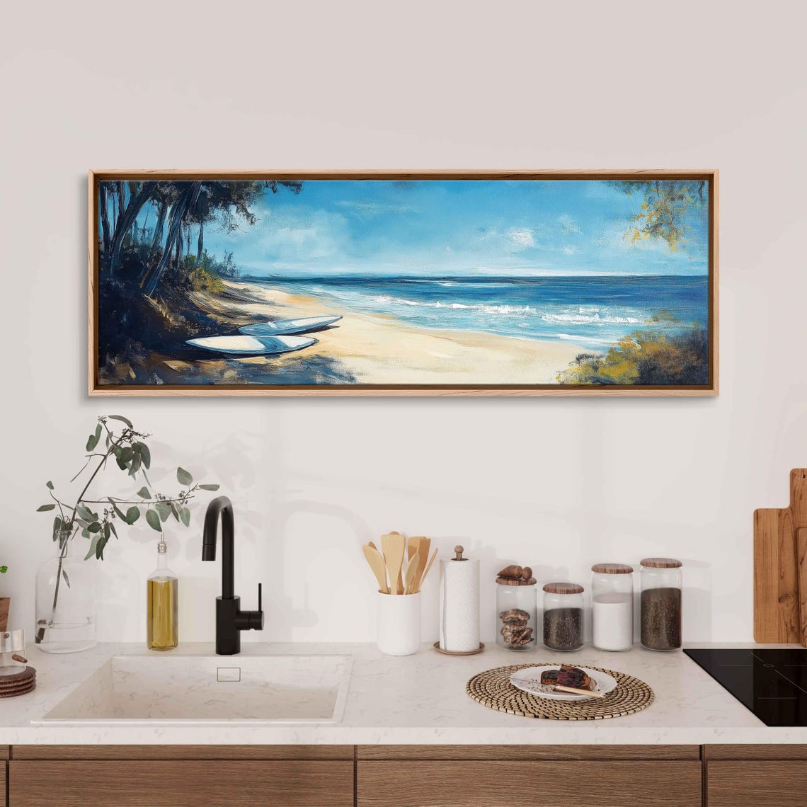 Surfboards Resting On Sandy White Beach Wall Art Print Gift For Surfer Blue Water Ocean Painting Palm Trees Ready To Hang