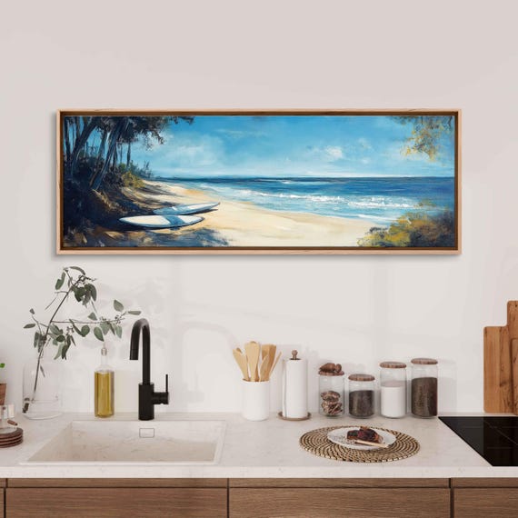 Surfboards Resting On Sandy White Beach Wall Art Print Gift For Surfer Blue Water Ocean Painting Palm Trees Ready To Hang