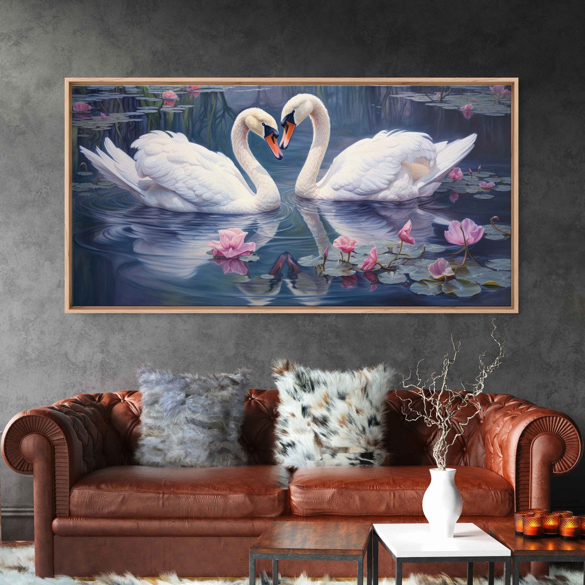 White Swans Heart Shape Pond Pink Lotus Romantic Painting Poster - Image 3
