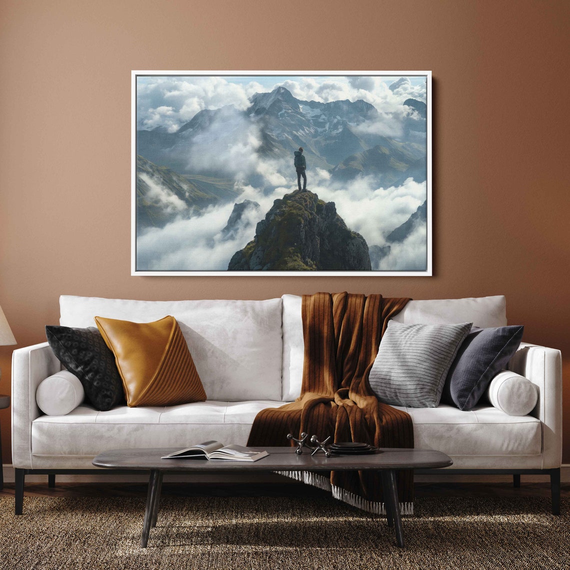 Hiker Standing On Peak Above Clouds Misty Mountain Range Poster - Image 2