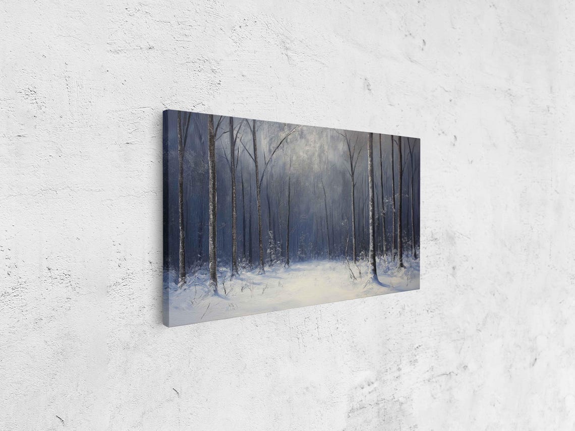 Moonlit Winter Forest Painting Snowy Birch Trees Blue Night Canvas Art - Image 4