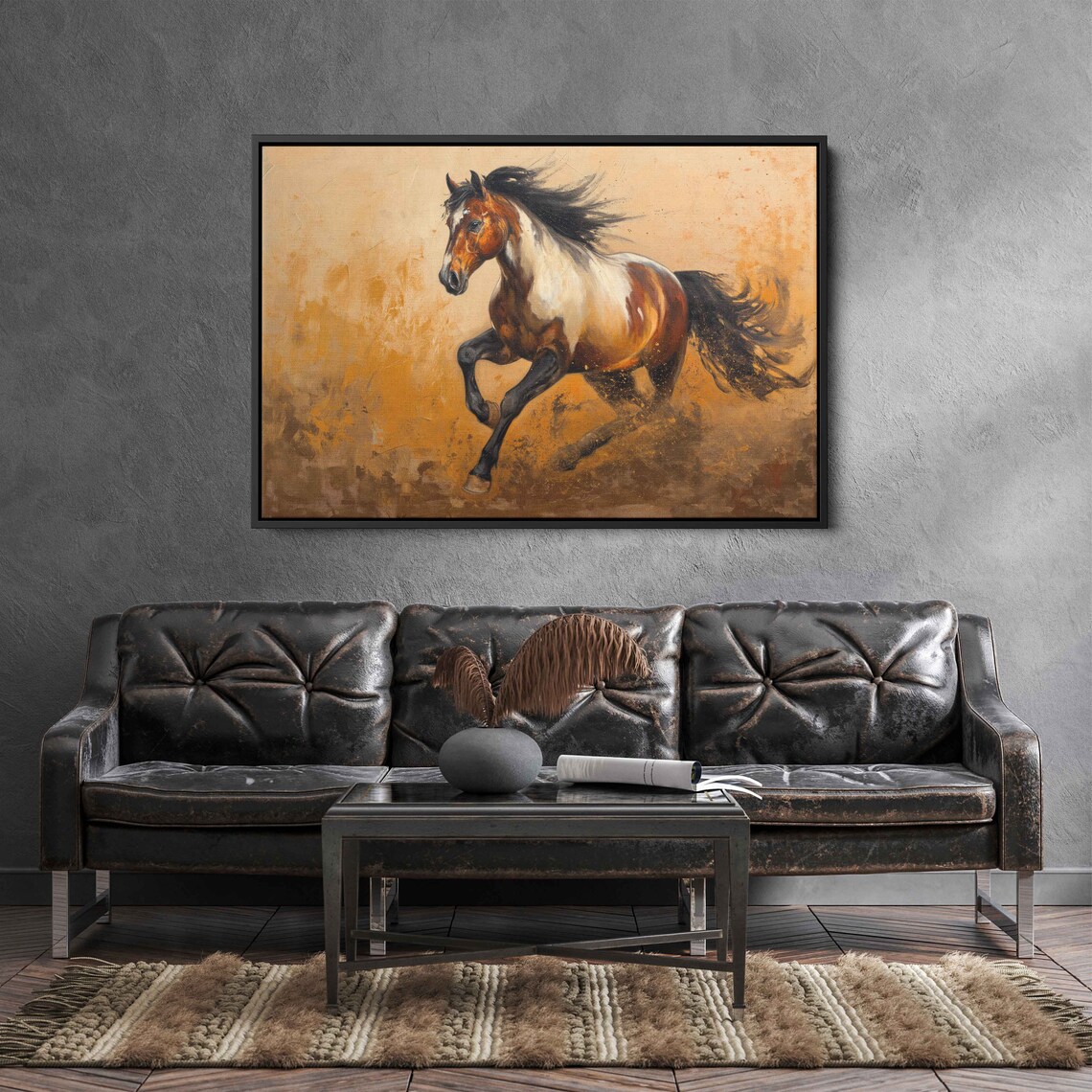 Pinto Horse Galloping Wild Golden Dust Equestrian Oil Painting Print